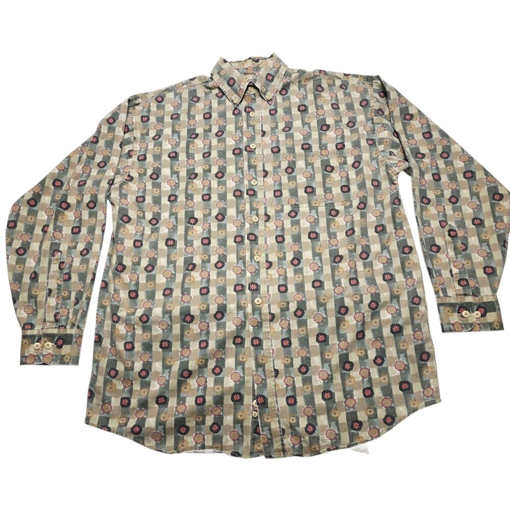 Vintage Haggar Casuals Button Up Shirt Long Sleeve Geometric Design Size Medium